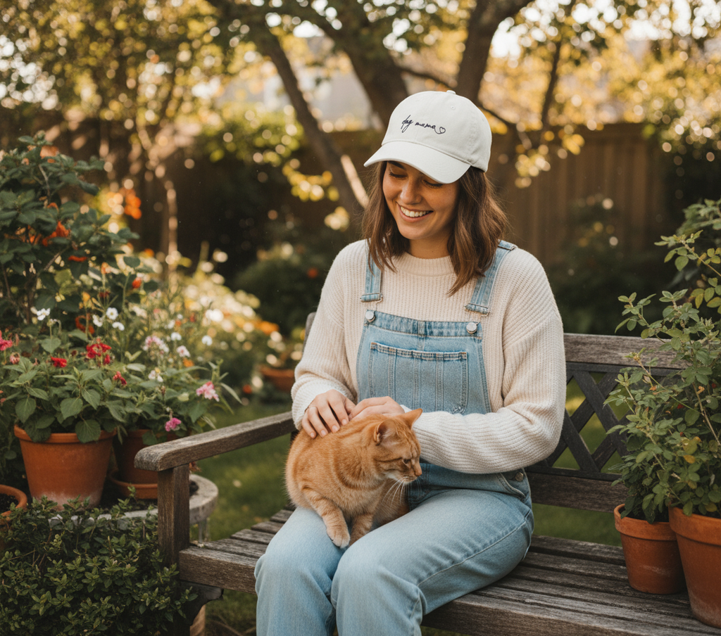 White cap with 'dog mama' text on a white background, featuring the Pawsome Pets New York logo.